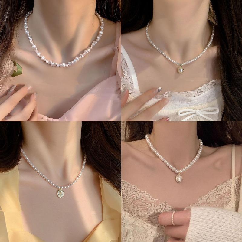 Real gold electroplated pearl beaded bow necklace niche versatile commuter collarbone chain fashion high-end jewelry women