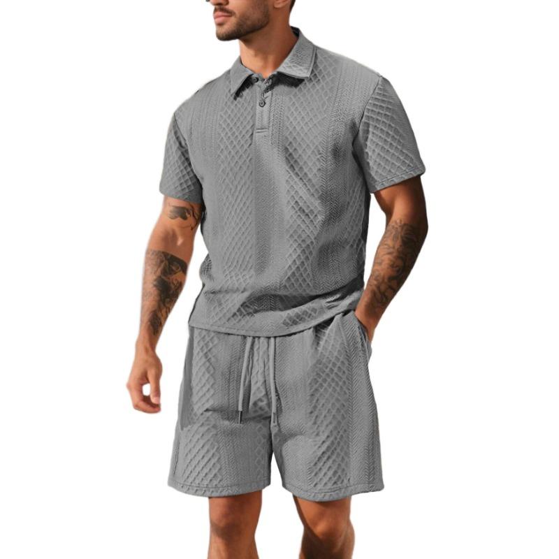 Mens Casual Two Piece Outfit Textured Polo Shirt And Shorts Set