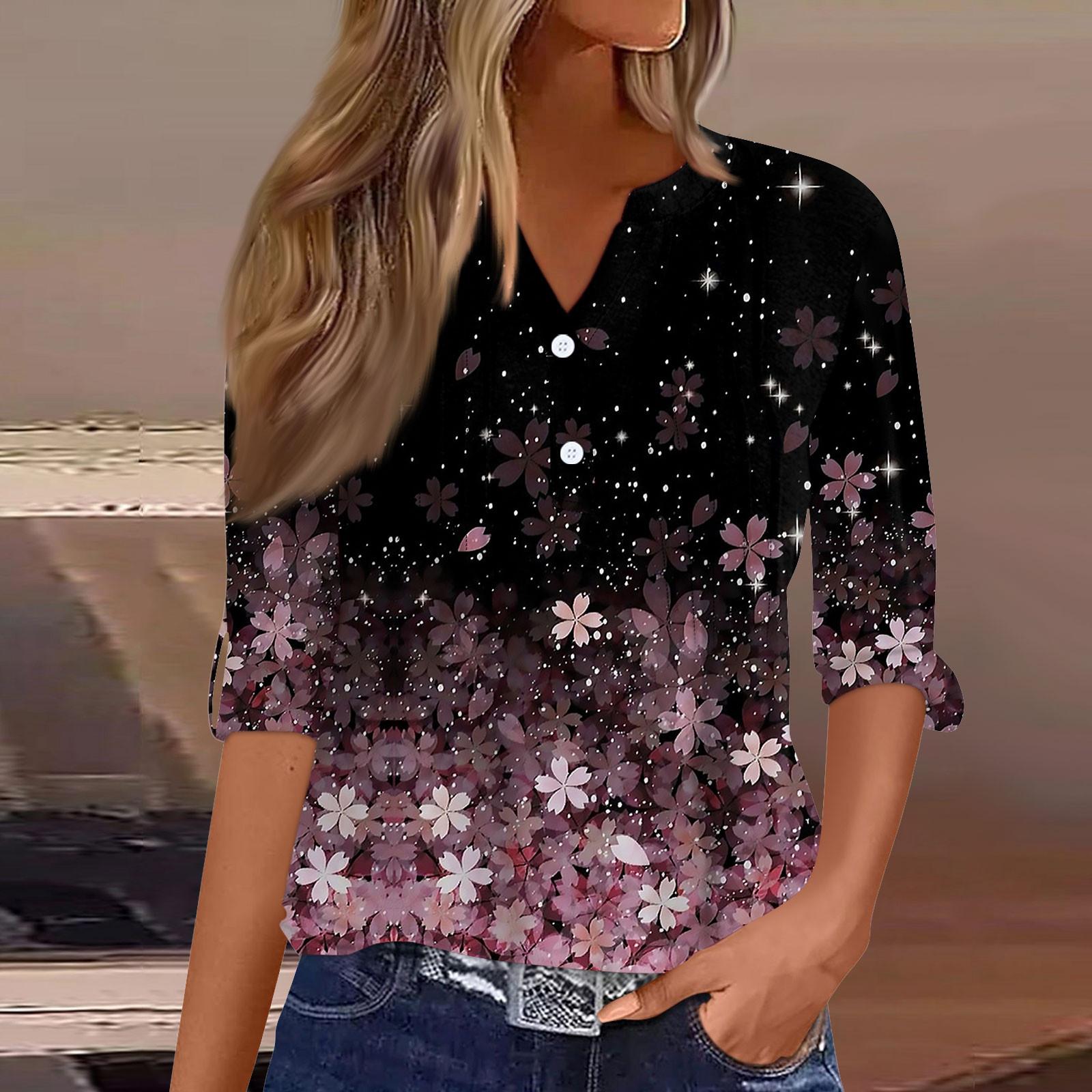

Женская модная повседневная футболка с v-образным вырезом и длинным рукавом с принтом, топ на пуговицах XL фиолетовый