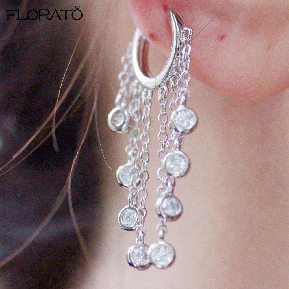 Ins Minimalism Chain Tassel Round Zircon Drop Earrings 925 Sterling Silver Needle Small Hoop Earrings for Women Fashion Jewelry