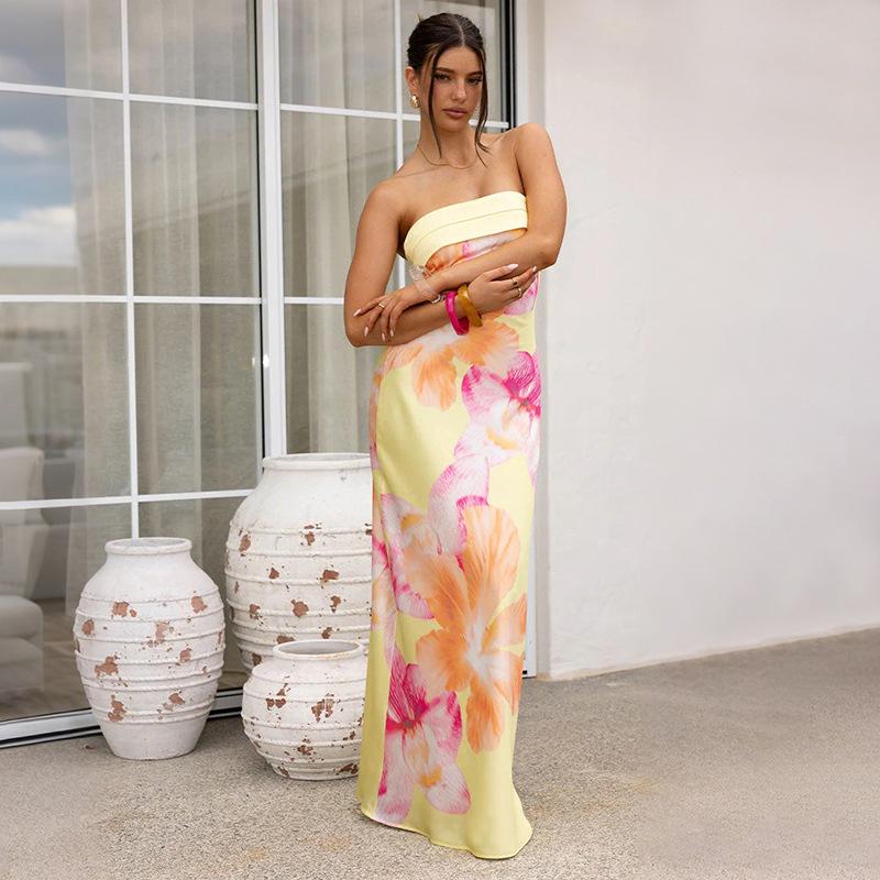 Women's Strapless Floral Print Long Dress - Spring/Summer Fashion, Resort Casual Style