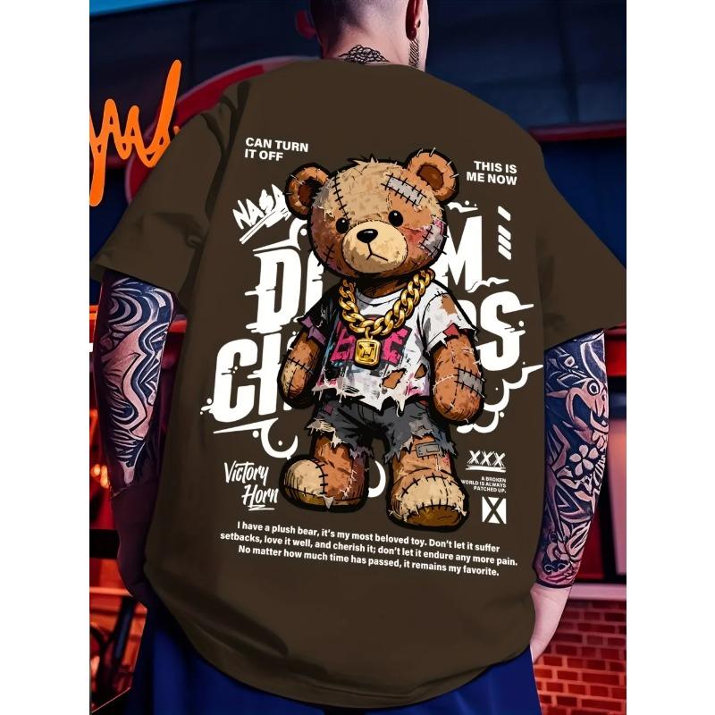 Europäisches und amerikanisches Herren Sommer Teddybär Graffiti Print Bequemes und atmungsaktives Rundhals T-Shirt Outdoor Street Top