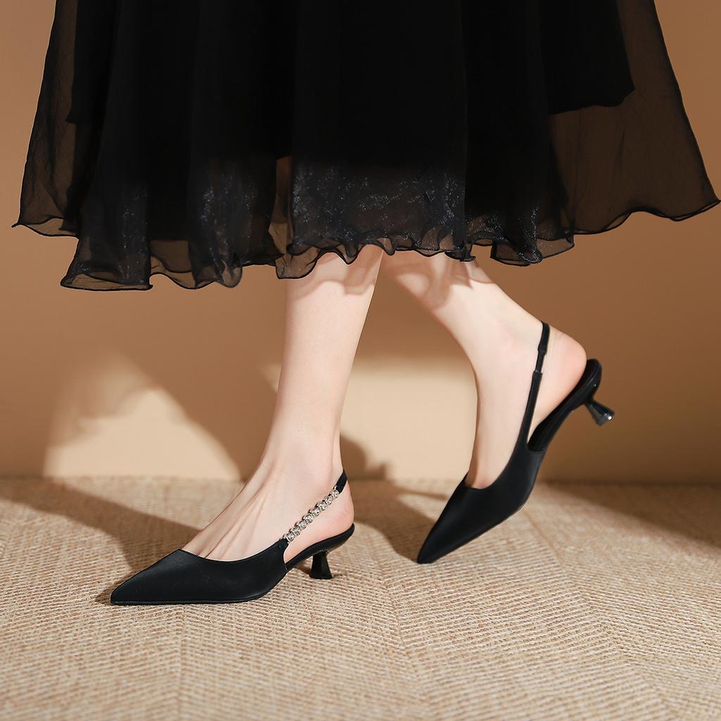 198-5 Elegant wind pointed chain strap medium heel single shoes femininity rear empty shallow mouth thin heel single shoes women's shoes