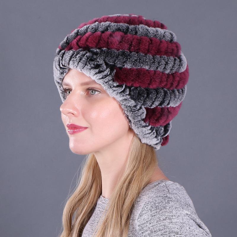 Damen Winter Pelzmütze Rex Kaninchenhaar gestrickte Spirale Ananas verdickte warme Mütze