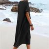 Women Casual Cotton Linen Short Sleeve Round Neck Solid Color Loose Pocket Beach Holiday Seaside Dress Skirt Summer