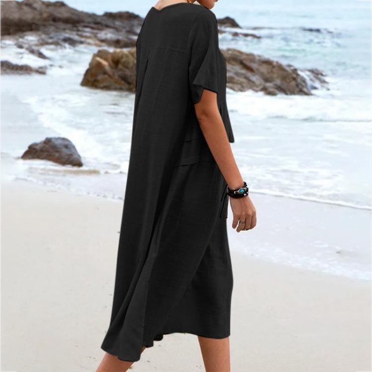 Women Casual Cotton Linen Short Sleeve Round Neck Solid Color Loose Pocket Beach Holiday Seaside Dress Skirt Summer