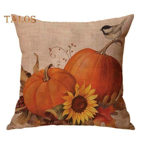 Cuscino Decorativo Autunnale 30x50 Cm Con Scritta "Grato" E Zucche Blu Navy - Federa In Lino Per Divano E Camera Da Letto