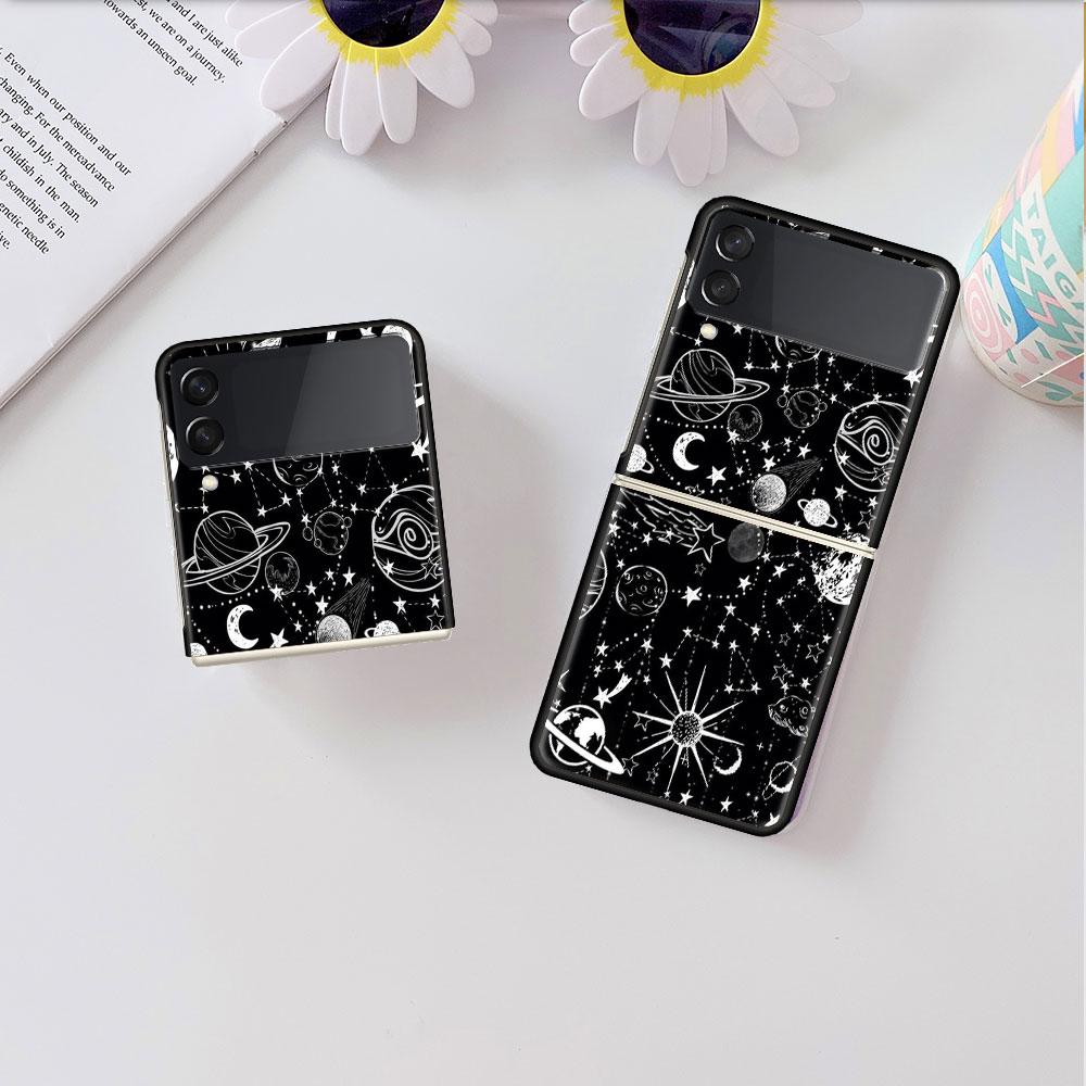 Case For Samsung Galaxy Z Flip 3 4 5G Black Hard PC Phone Housing Z Flip4 Luxury Segmented Cover Cosmic Planet