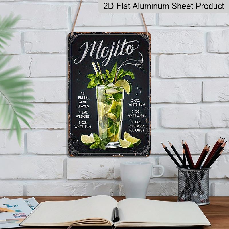 2D Flaches Retro Mojito Aluminium Wandkunst Schild - 8x12 Zoll Vintage Bar Dekoration mit Frischer Minze, Weißem Rum & Limettensaft - Perfekt für Zuhause, Büro oder