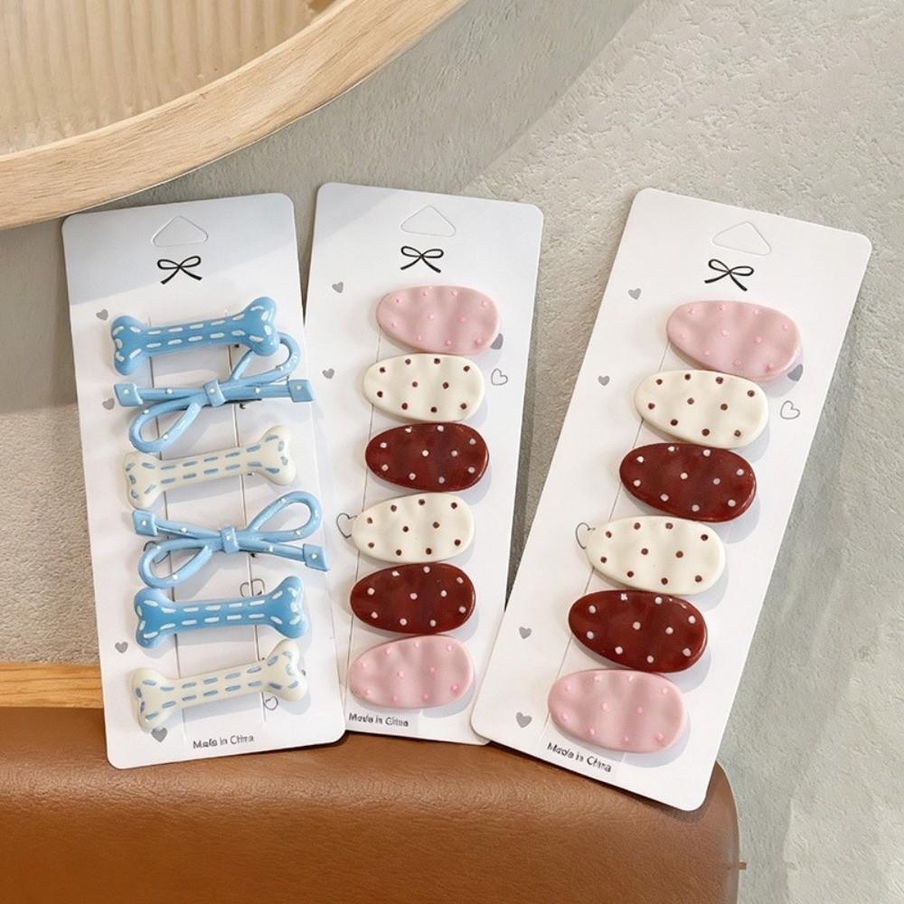 Sweet Polka Dot Hair Clips Cute Design Oval Side Bangs Clips for 6PCS/SET Broken Hair