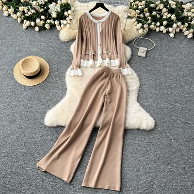 Herbst Winter Strickpullover Set Damen Langarm Jacke Mantel + Knöchellange Hose Zweiteiliger Trainingsanzug