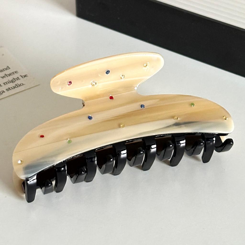 Versatile High-end Acetate Hair Claw Clip Adorned With Bright Rhinestones For Ladies Beige9.3cm