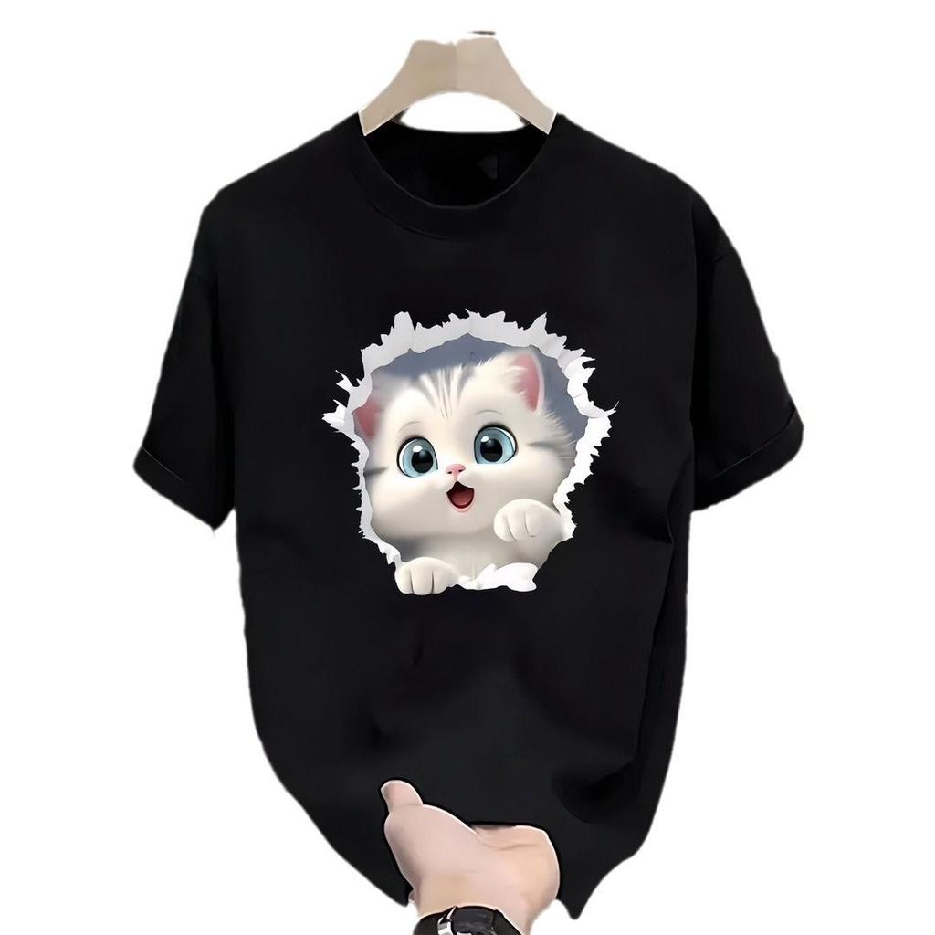 Summer Cotton T-shirt Couple Top Cute Cat Cartoon Loose Casual Shirt
