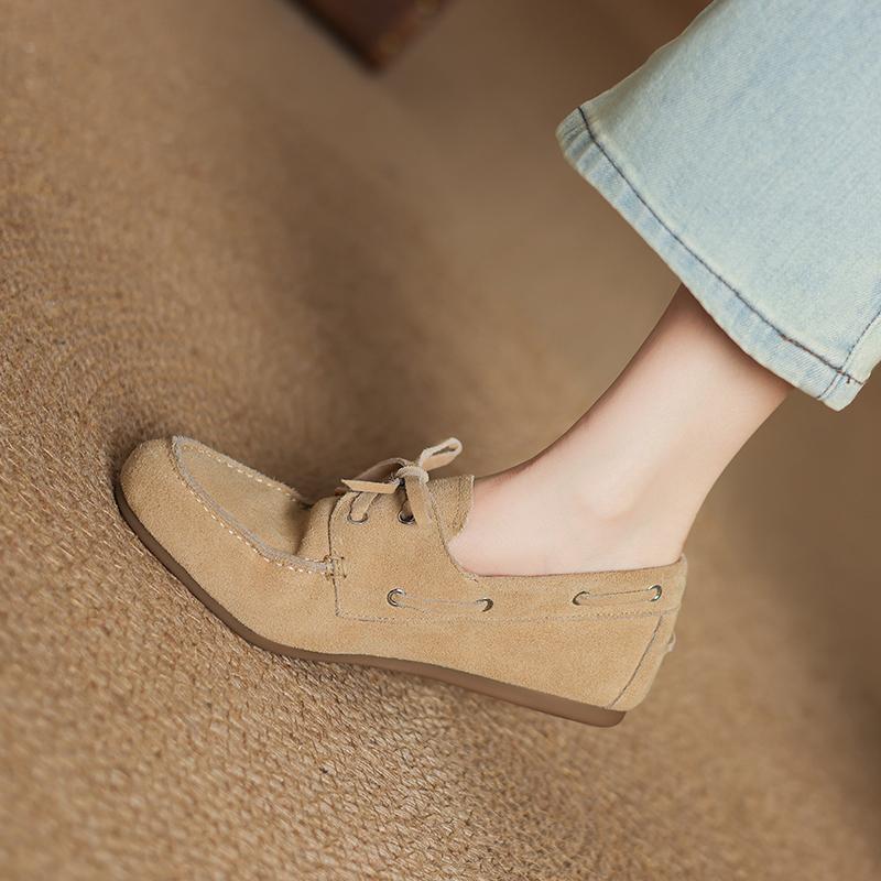 Fashion 2025 New Spring Genuine Leather Women Shoes Round Toe Women Flats Shoes for Women Retro Lace Up Loafers Fashion Ladies Shoes