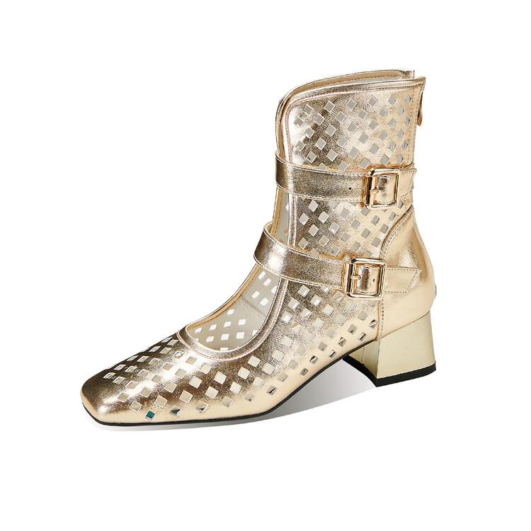 Fashion New Summer Sandals Square Toe Chunky Heels Fashion Hollow Out Sandals Shoes for Women Zapatos De Mujer Mesh Boots Sandals