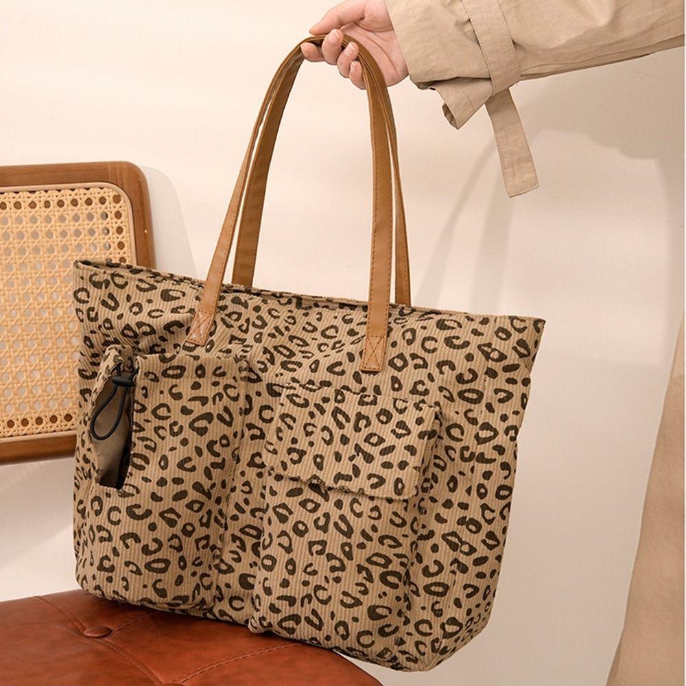 Large Capacity Corduroy Tote Bag Cherry/Leopard Pattern Multi-Pocket Cute Printed Handbag Adjustable Shoulder Simple
