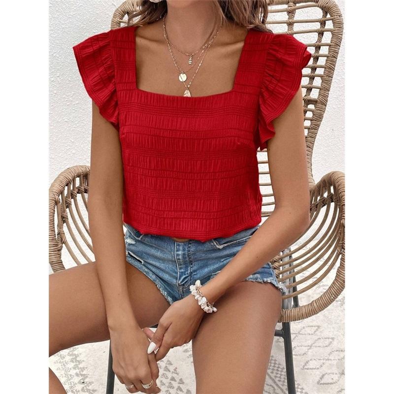   Women's Square Neck Ruffle Sleeve Crop Top Textured Casual Summer Tops