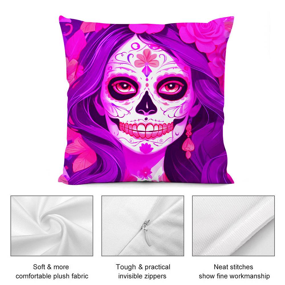 Halloween Sugar Skull Girl Pillow Case Short Plush Double-Sided Print Square Throw Pillow Covers Sofa Home Cushion Decor