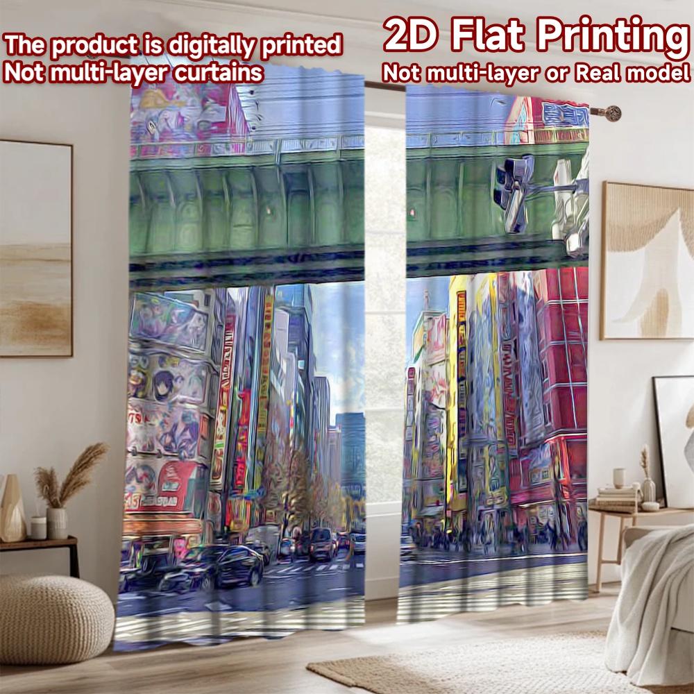 2D flat printing 2pcs Curtains Anime City Street View Digital Printed Polyester Drapes Family Party Decoration Use for All