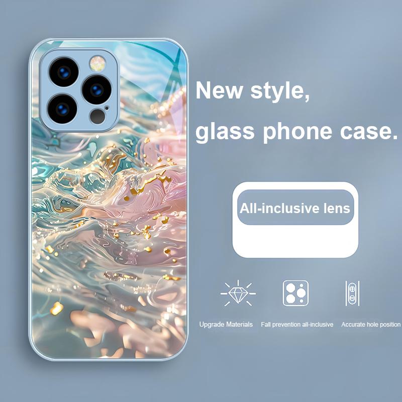 Kleurrijke golven blauw telefoonhoesje van gehard glas voor iPhone 16 Plus 15 14 13 12 Mini 11 Pro Max X XS XR 7 8 Plus 2022