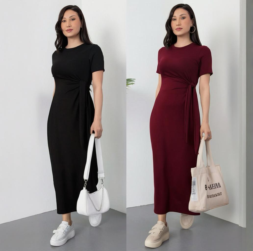 

2025 Summer Slim-Fit Tie-Up Dress: European & American Style, Solid Color, Short Sleeve, Sexy Round Neck Women s Clothing XXL вино красного