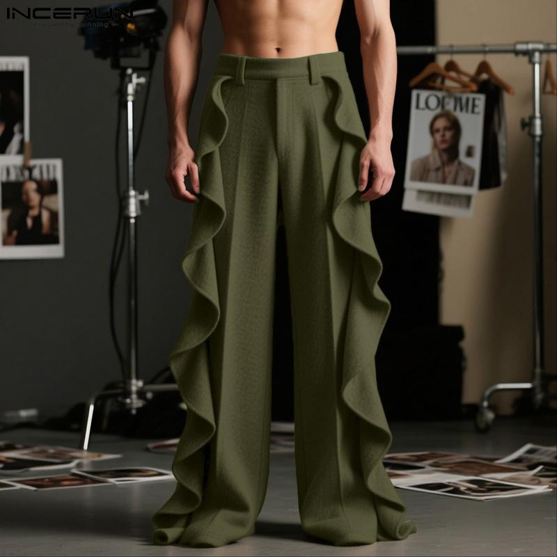 INCERUN Autumn Men Elastic Waist Irregular Ruffled Casual Long Straight Pants Trousers