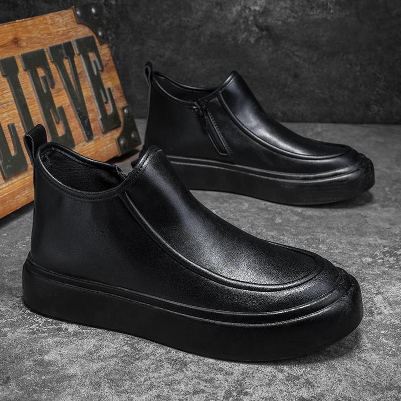 Men's Fashionable Leather Boots Are Comfortable and Durable Black Shoes Are Suitable for Casual Wear in Autumn Winter Flat Shoes