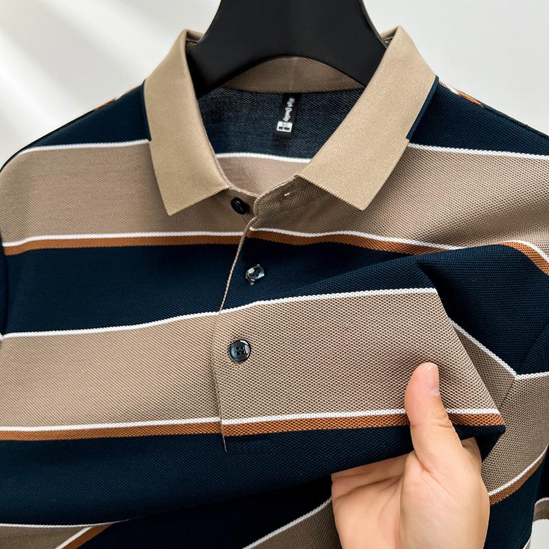

Весна и лето, новинка, приталенная мужская футболка в полоску с лацканами для молодежи и среднего возраста, с короткими рукавами, мужская рубашка с воротником в деловом стиле для джентльменов