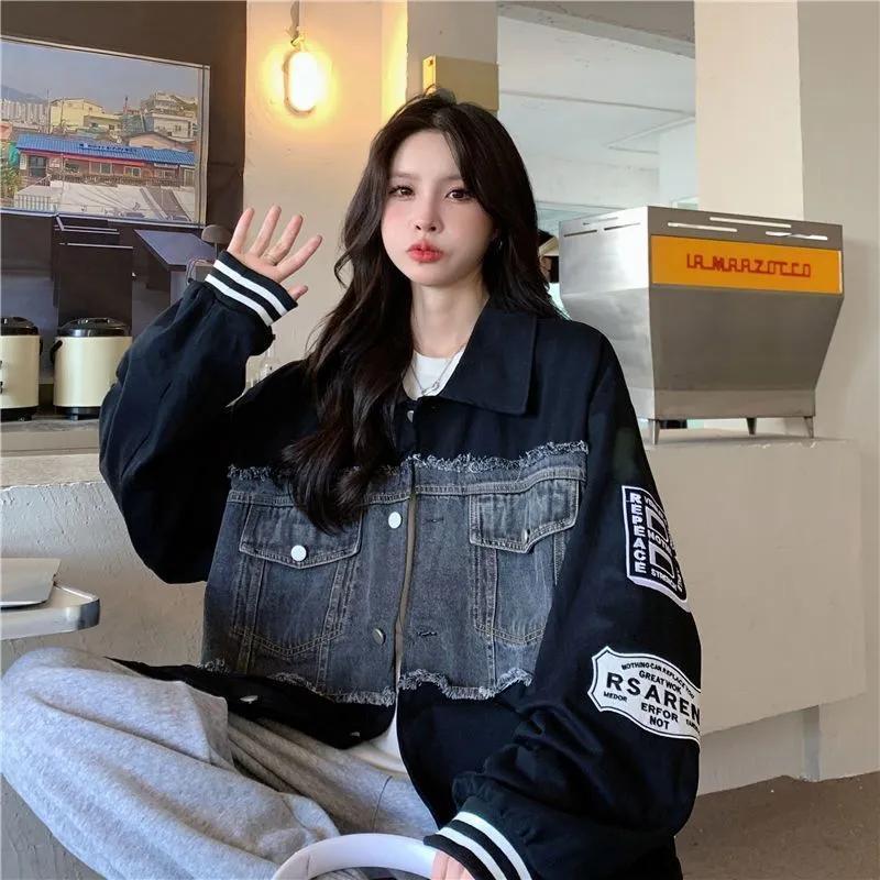 Women's American Retro Spring and Autumn Loose Korean Style Stitching Embroidery Denim Baseball Uniform Jacket