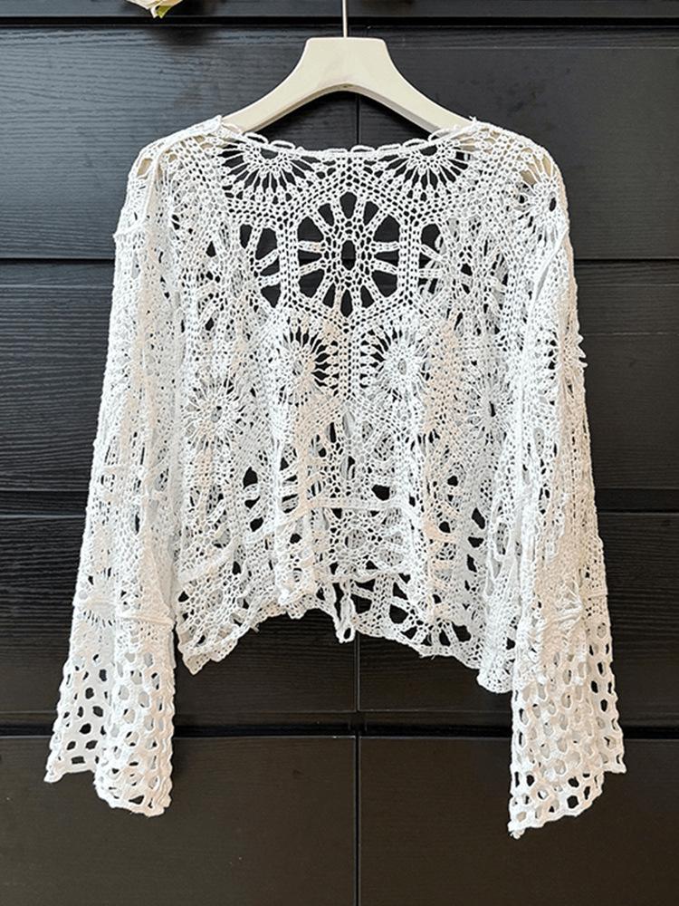 Bohemian Crochet Tie-Up Knit Cardigan - Women's Long Sleeve Sun Protection Top