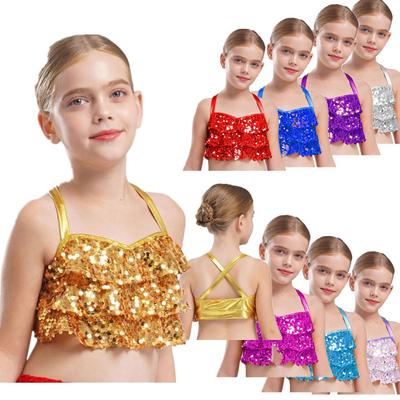 Mädchen Metallic Tanz Crop Top Funkelnde Pailletten Stufenförmige Rüschen & Kreuzrücken Jazz Kostüm