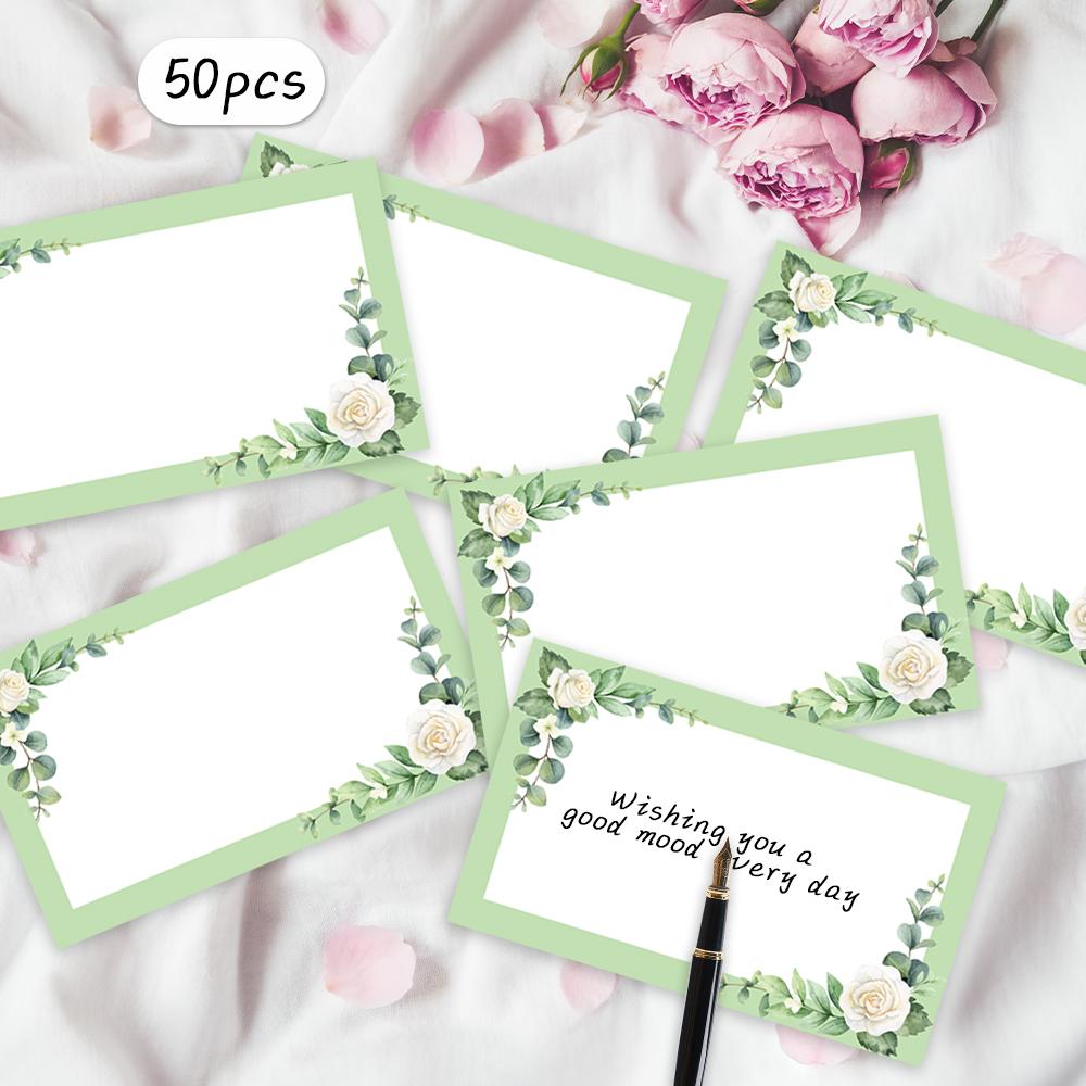 50pcs, green flower blank message cards, pocket cards, business cards, blank greeting cards, small business supplies, gift tags