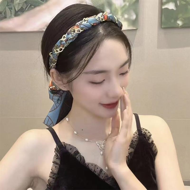 Langes Haarband mit Kette, eleganter Pferdeschwanzhalter, Stoff, Seidenschal, Stirnband, Haarschmuck für Frauen und Mädchen, bedrucktes Haarband