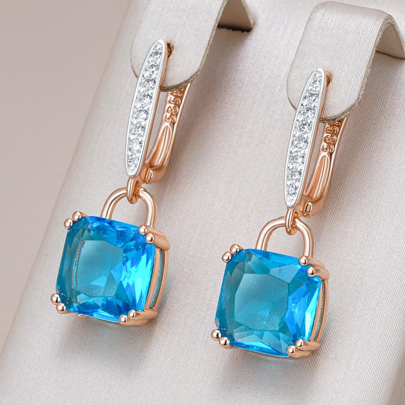 Square Blue Natural Zircon Dangle Earrings For Women  Rose Gold  Color Mix High Quality Daily Fine Jewelry
