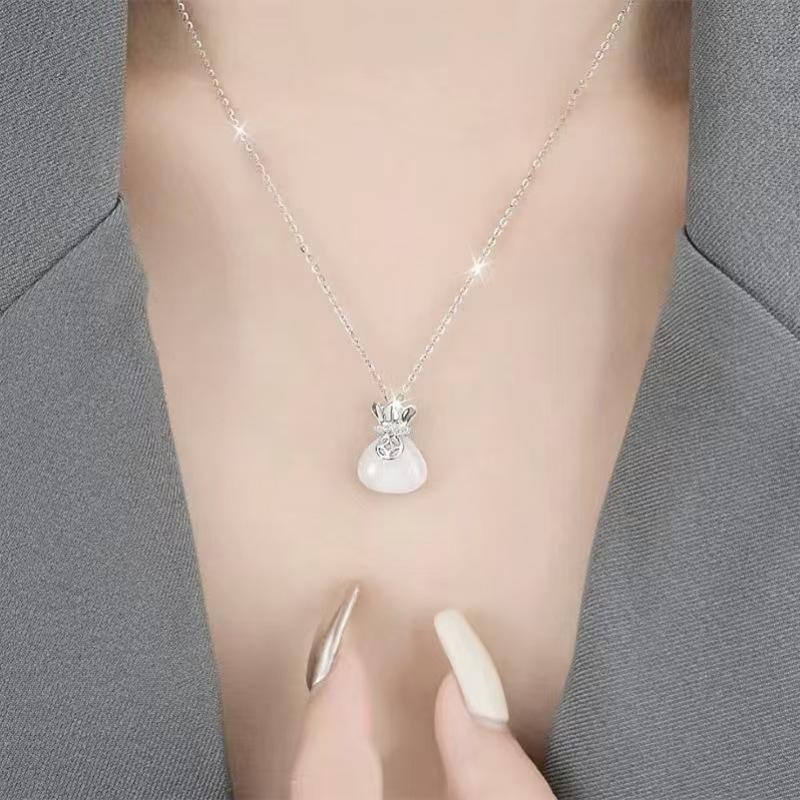 S925 Sterling Silver Chalcedony Necklace - Lucky Bag Design, Fashionable Clavicle Chain, Women's Versatile Chinese Style Holiday Gift