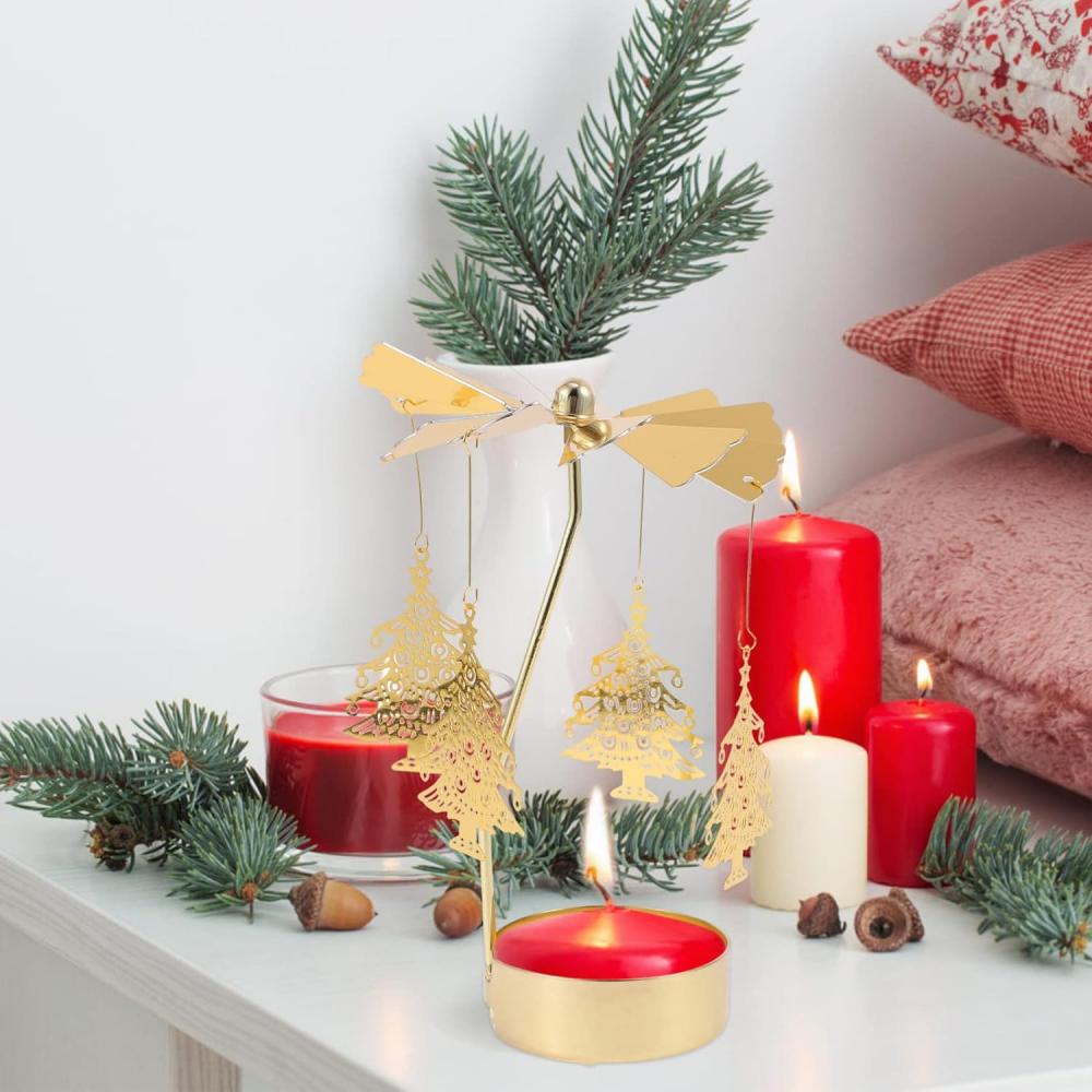 Christmas golden candlestick metal tea lamp stand: Christmas tree tea lamp Rotating ironwork scented candlestick Rotating candle