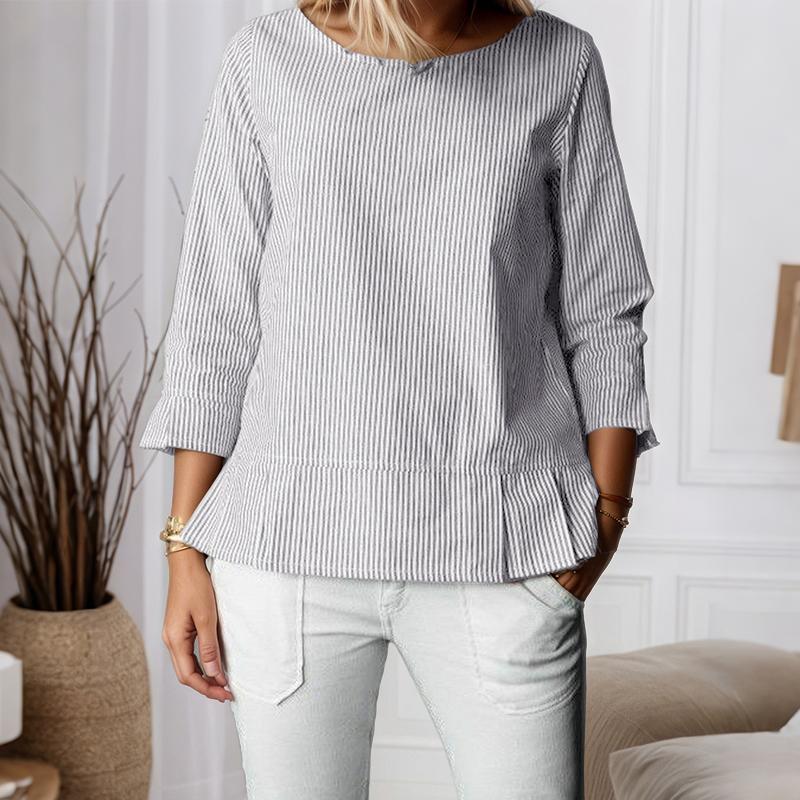 

ZANZEA Женская повседневная блузка с круглым вырезом, свободного кроя, с рукавами 3/4 и полосатым принтом S серый