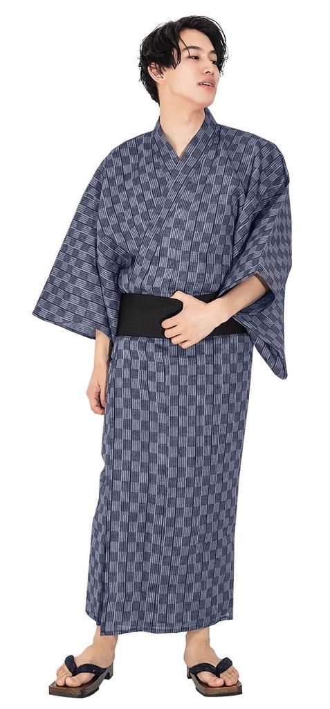 KYOETSU Yukata Set and Waist Checkered Pattern x Navy Blue Men's 3-Piece (Yukata, One-Touch Obi, Cord) (M, C-18. (One-Touch Obi, Black))