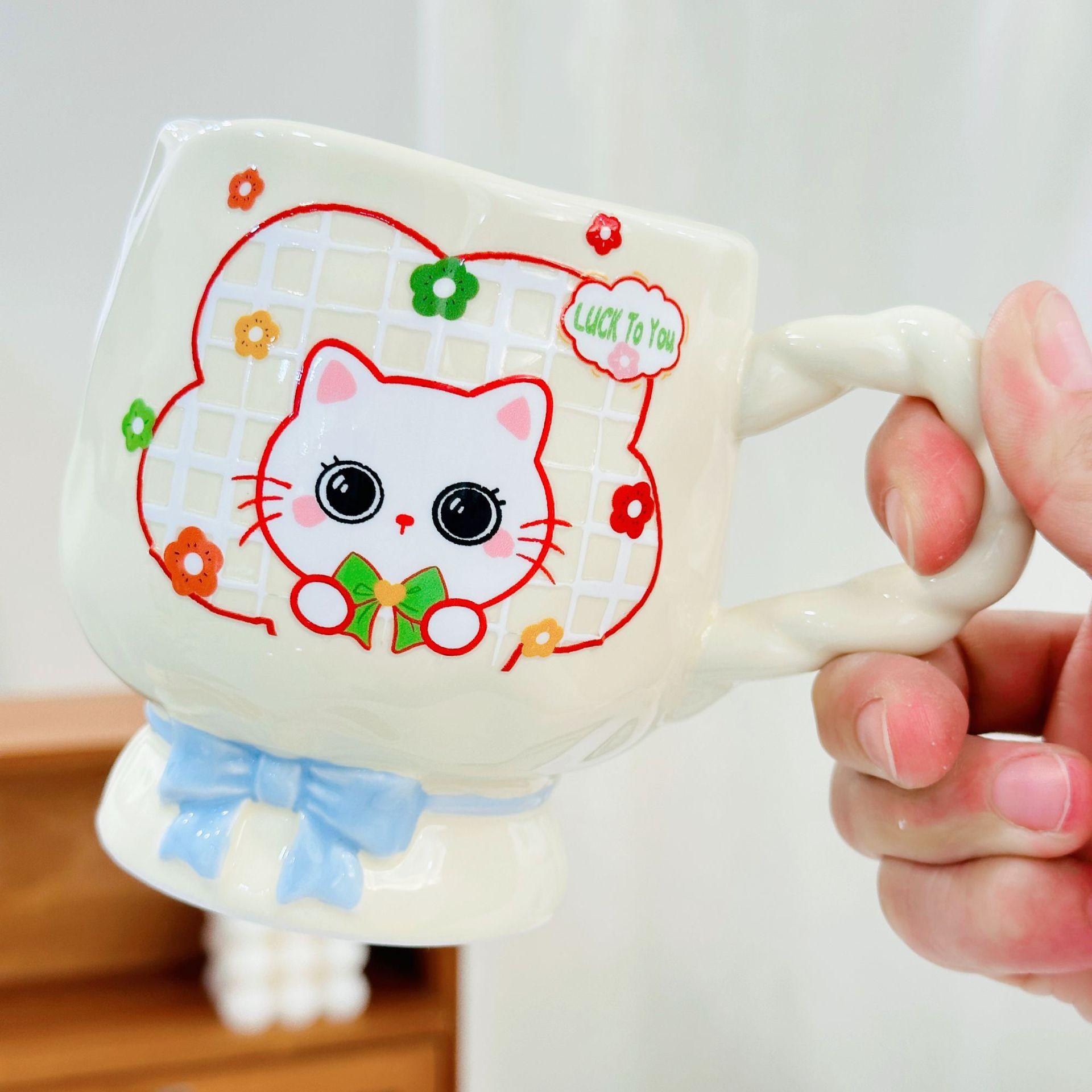 

Cat High Leg Ceramic Cup Cute Bow Cup High Value Horse Anime Cup Home Set Water Cup Large Volume Durable Durable 480ML