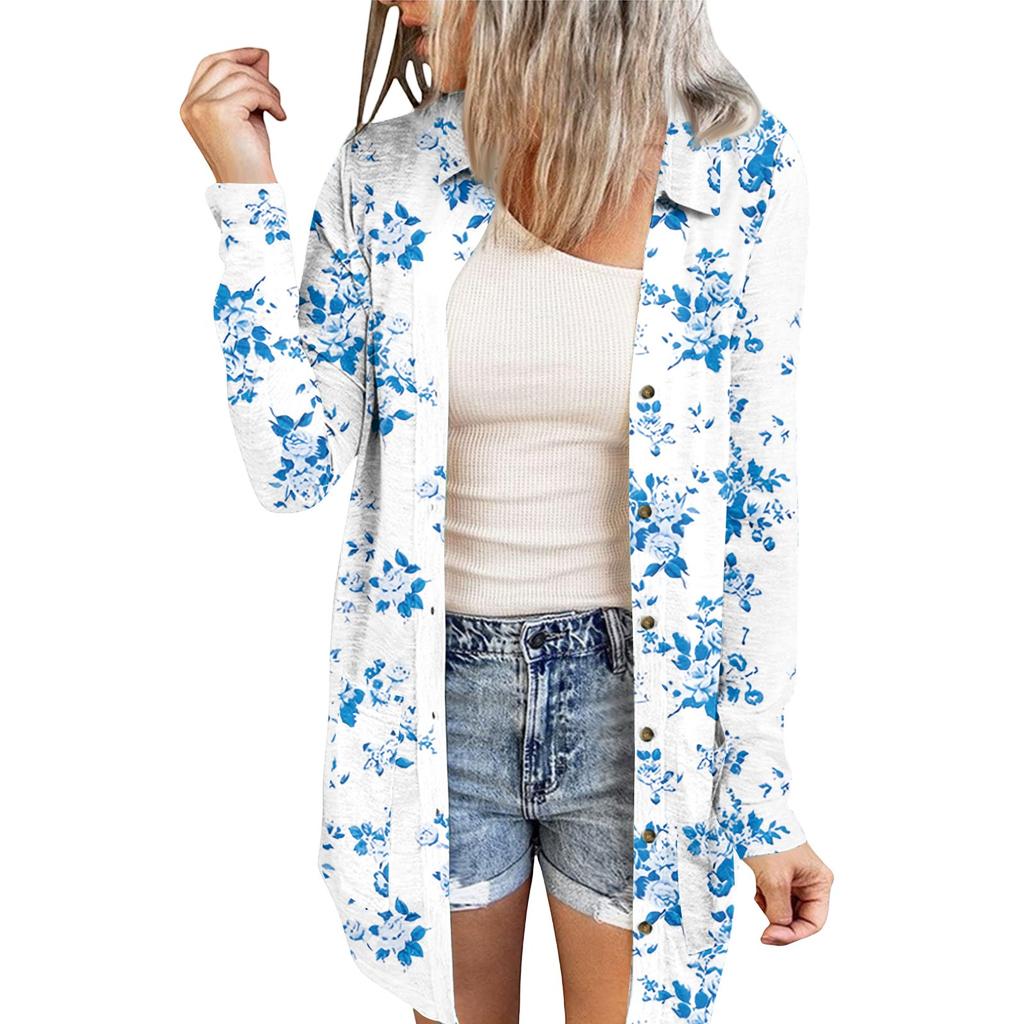 Women's Casual Fashion Printed Long-sleeved Mid-length Cardigan Jacket
