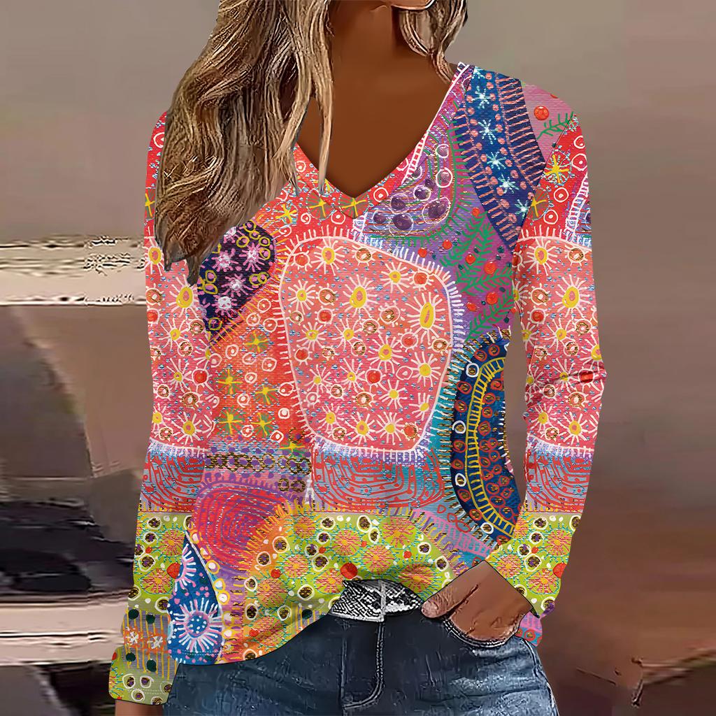 Europäische und amerikanische Mode 2025 Damen Elegantes V-Ausschnitt Langarm T-Shirt