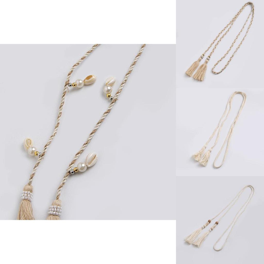 Ethnic Style Cotton Linen Waist Rope With Wooden Beads And Tassels For Casual Wear