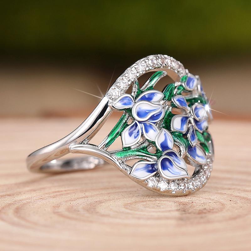 Huitan Bouquet Design Women Ring Blue Flower Fresh Style Elegant Accessories Versatile Metal Jewelry Inlaid Shiny CZ for Party