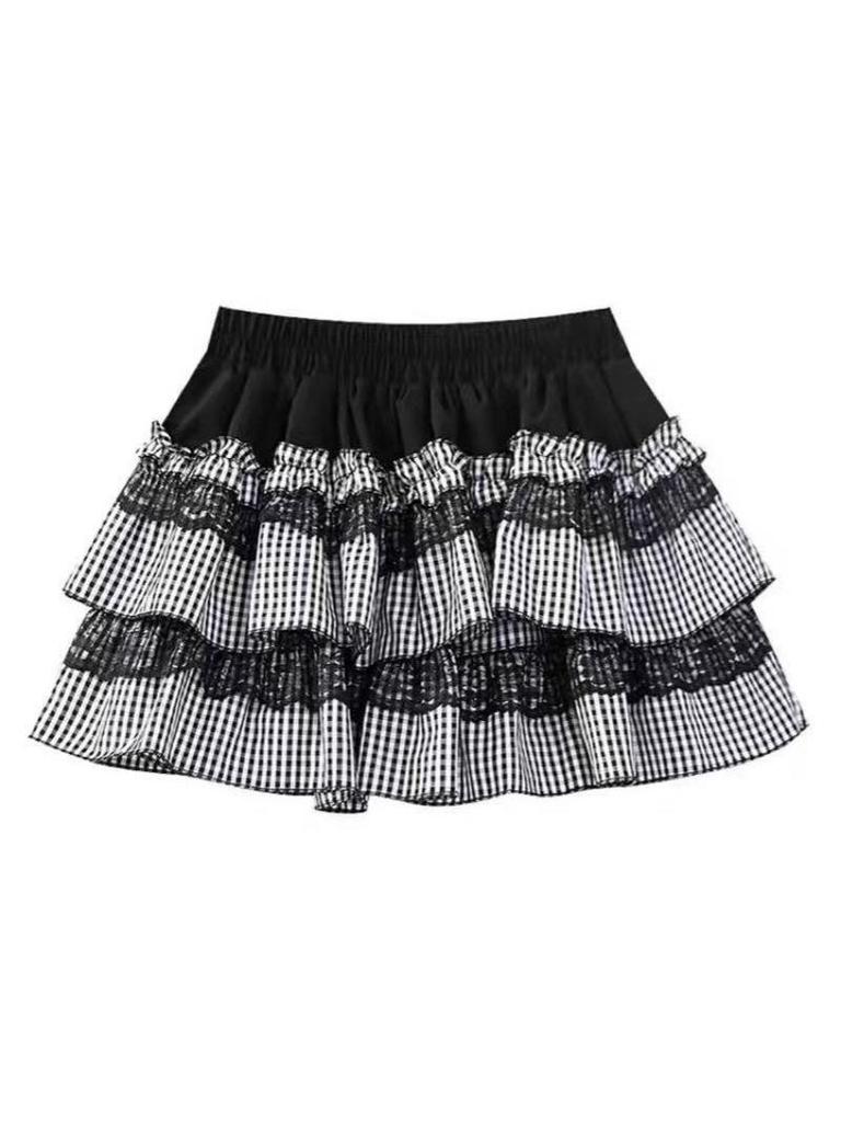 Petite Lace Patchwork Plaid Puff A-line Mini Skirt for Spring/Summer