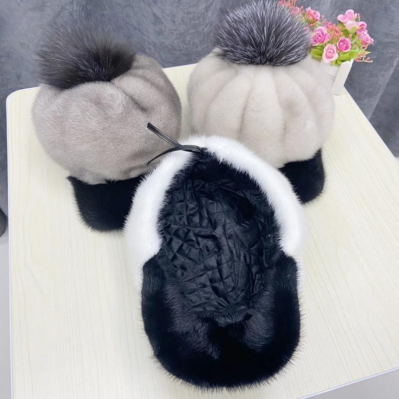 Mink Fur Hats for Women Brim Pompom Hat Winter Warm Solid Genuine Luxury Fur Baseball Cap High Quality Female Stylish Headwear