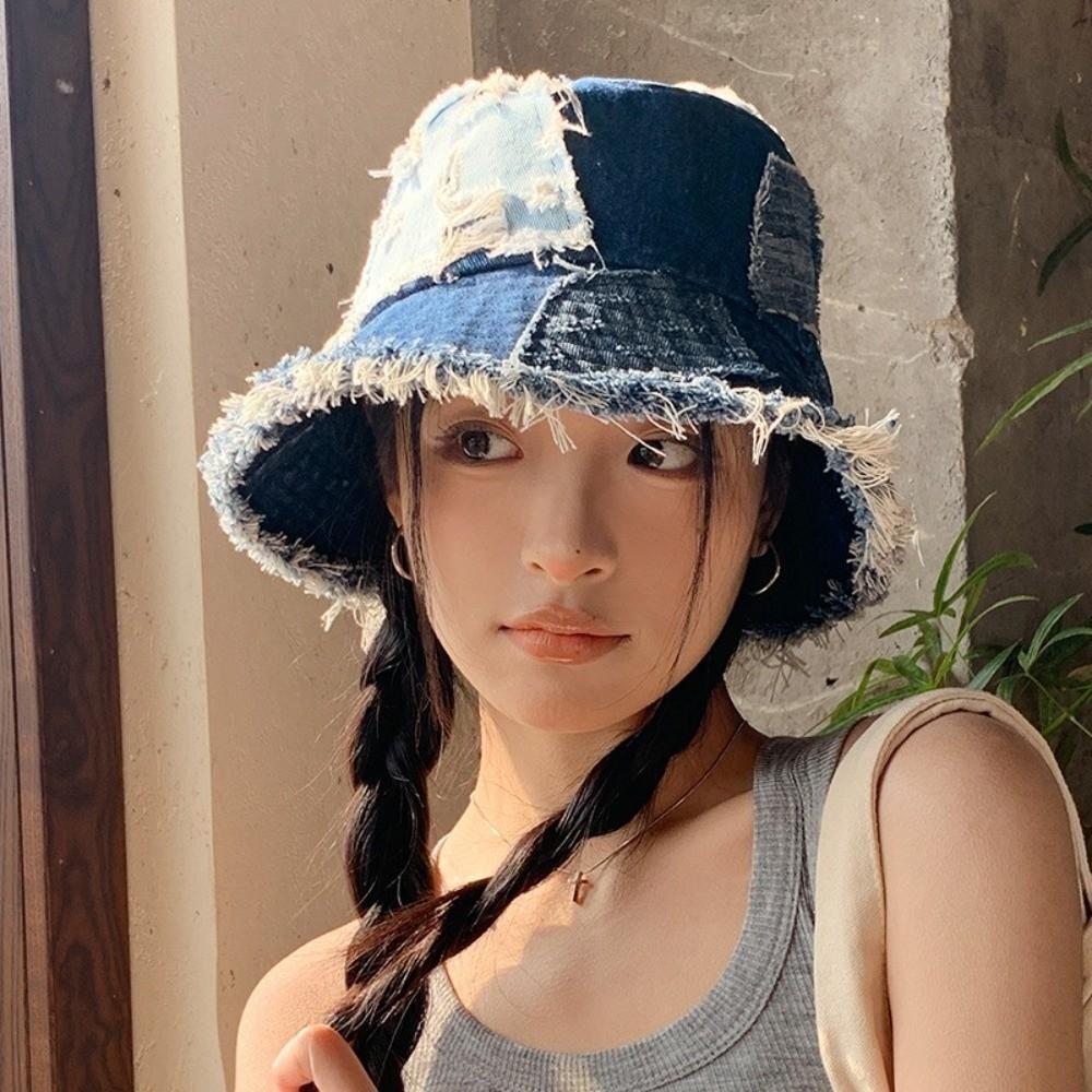 Patched Denim Bucket Hat Beggar Style Sun Protection Basin Cap Niche Retro Fisherman Hat Unisex