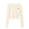 Korean Style V-Neck Saturn Embroidered Slim Knit Top for Women