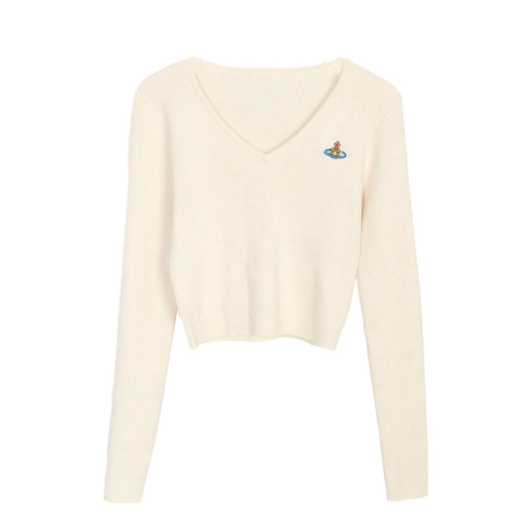 Korean Style V-Neck Saturn Embroidered Slim Knit Top for Women