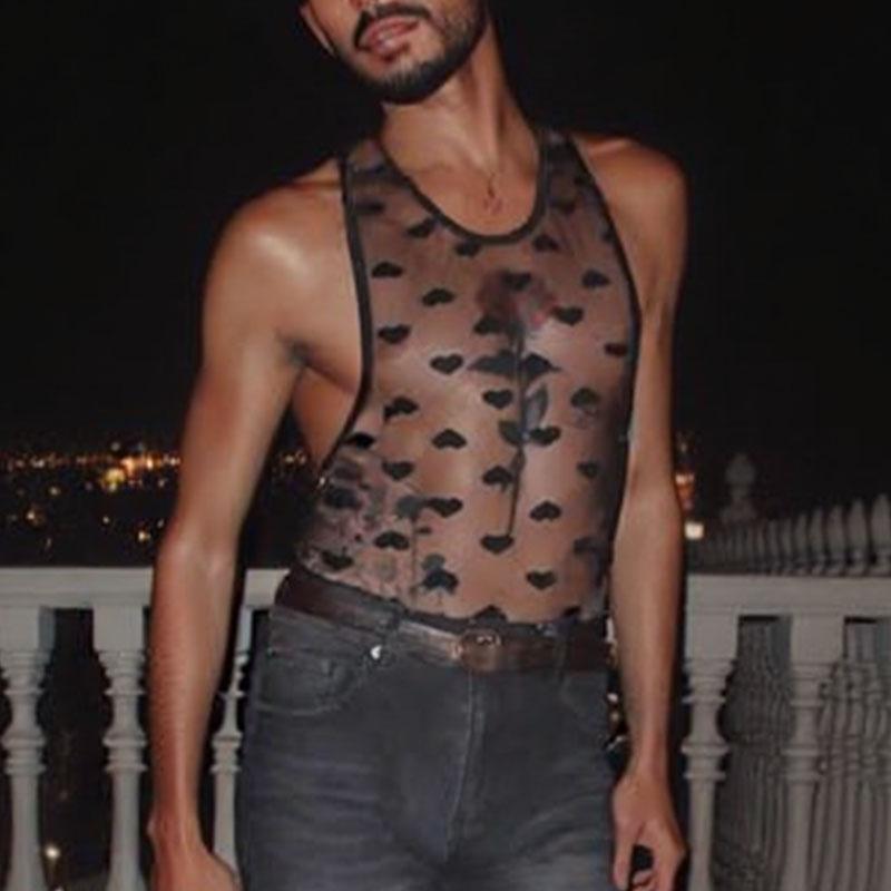 INCERUN Summer Men Sleeveless Print Mesh Sheer Lace Party Club Tank Tops S