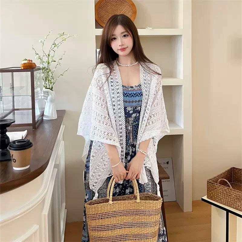 Summer Mesh Lace Women Cover-Up With Tassels Elegant Beach Open-Front Sun Protection Shawl